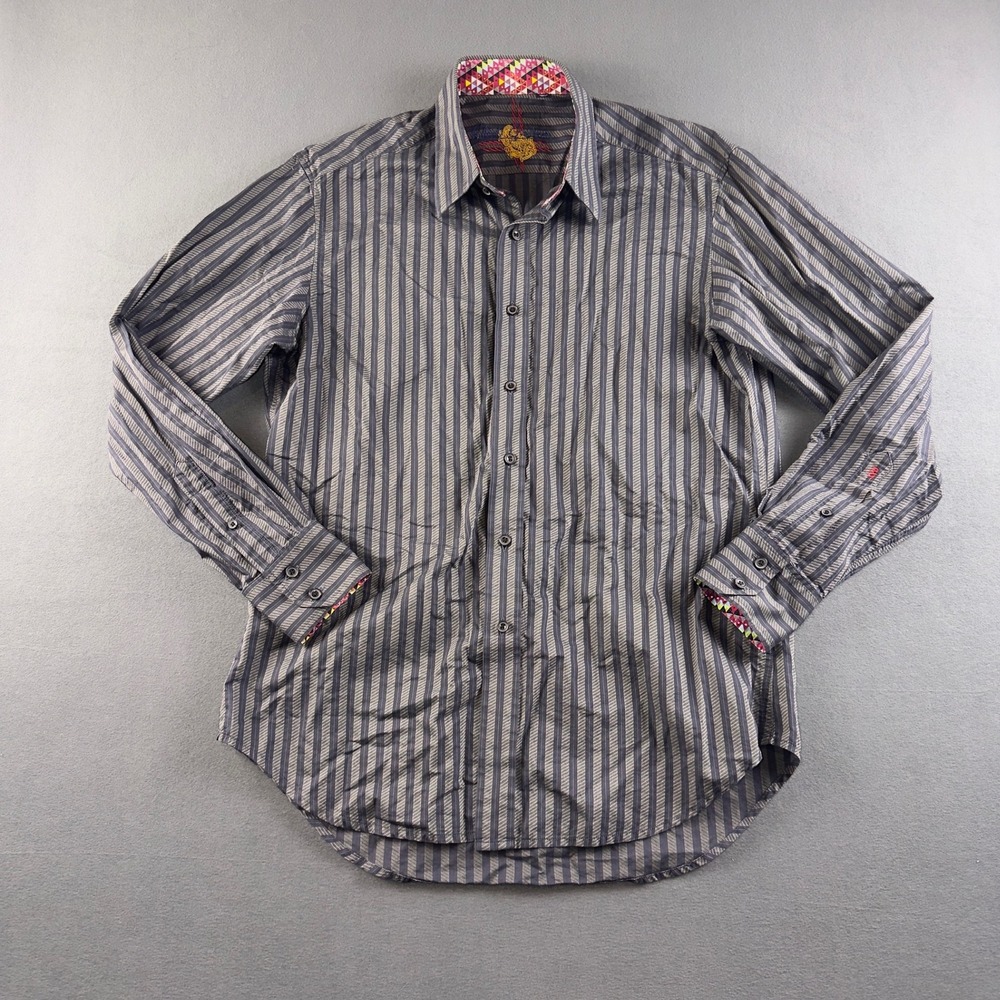 Robert Graham Mens Medium Navy Blue Grey Striped Long Sleeve Button Down Shirt